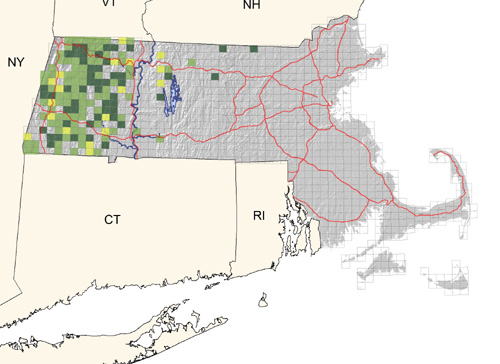 fairly common in the hills of Berkshire County; decreasing eastward; absent east of Worcester County